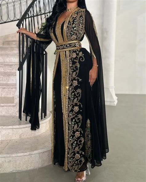 Luxury Black Moroccan Kaftan Dress Handcrafted With Gold And Green Embroidery For Eid And Weddings