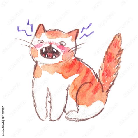 Cute red cartoon cat with open mouth showing broken tooth. Illustration painted in watercolor on ...