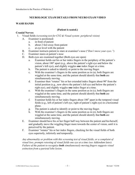 Neurologic Exam Evaluation Checklist