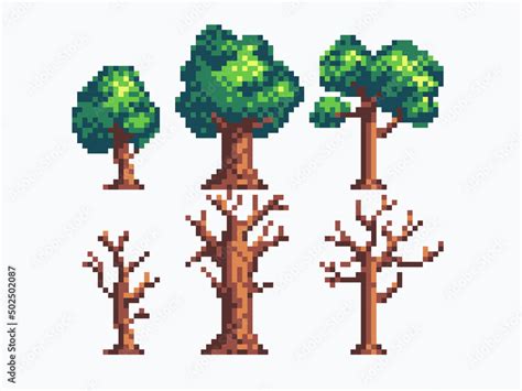 Different Trees Pixel Art Icon Set Forest Flora Species Logo Collection 8 Bit Sprite Game