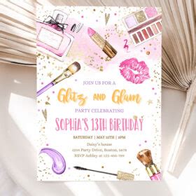 Glitz And Glam Birthday Party Invitation Spa Makeup Birthday Invitation