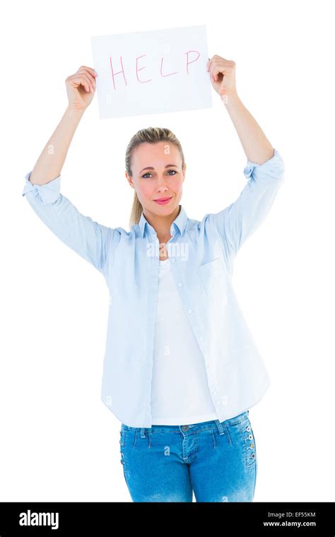 Pretty Blonde Holding Help Sign Stock Photo Alamy