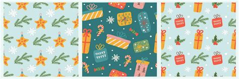 Set Of Christmas And Happy New Year Seamless Patterns T Boxes