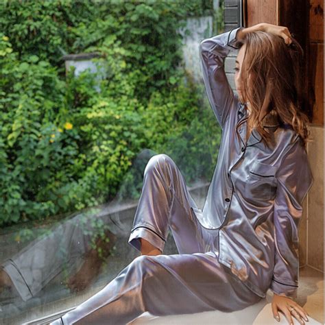 Ladies Satin Silk Pyjama Set Silky Lounge Wear Pajamas Long Sleeve