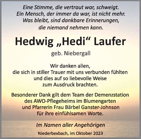 Traueranzeigen Von Hedwig Laufer Saarbruecker Zeitung Trauer De