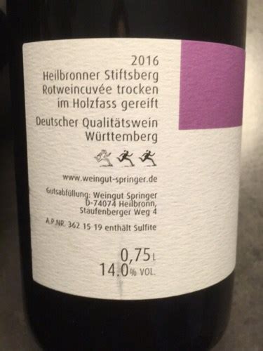 Weingut Springer Heilbronner Stiftsberg Rotweincuv E Trocken Vivino Us