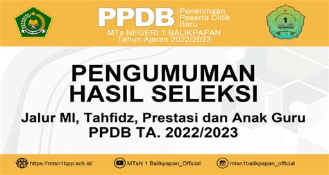 PENGUMUMAN KELULUSAN JALUR MI PRESTASI TAHFIDZ Dan ANAK GURU PPDB