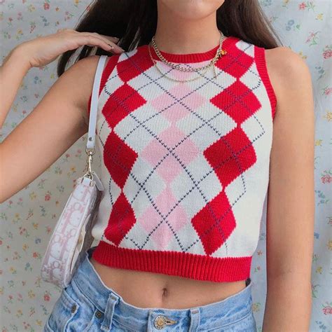 Plaid Knitted Sweater Vest Red Tank Top Y2k 90s Autumn Winter By