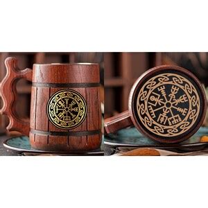 Vikings Vegvisir Signpost Oak Wooden Stein Viking Compass Beer Tankard