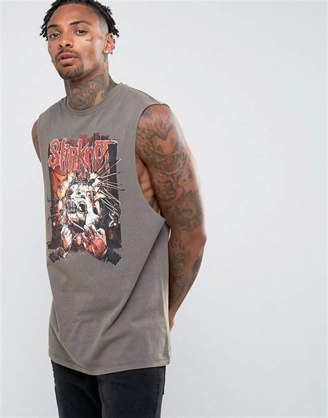 Asos Slipknot Longline Sleeveless Band T Shirt With Acid Wash In Gray