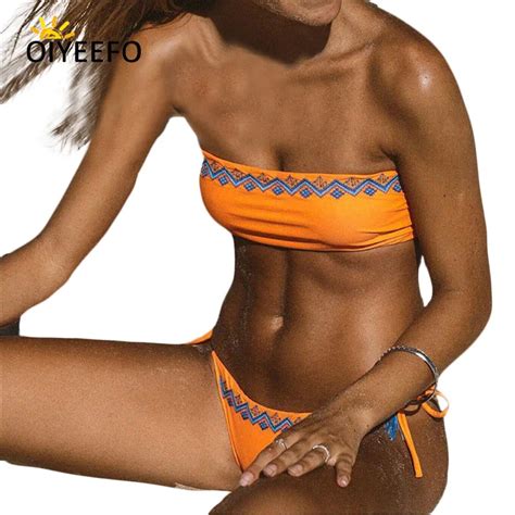 Oiyeefo Embroidery Shiny Orange Bandeau Bikini Sexy Strapless Swimsuit