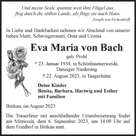 Traueranzeigen Von Eva Maria Von Bach Abschied Nehmen De