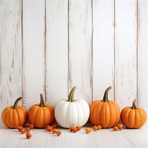 Premium Photo Harvest Bounty Orange Pumpkins On White Wooden Background