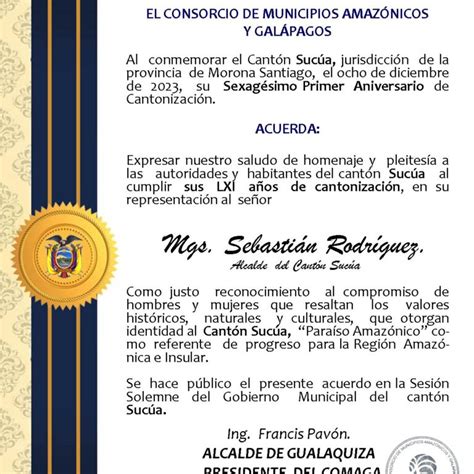 COMAGA rinde homenaje a Sucúa en sus 61 años de cantonización Comaga