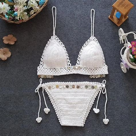 Women Crochet Bikini Set Sexy Halter Sequin Push Up Handmade Knitted