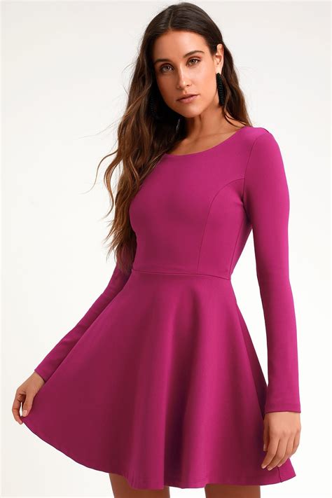 Forever Chic Magenta Long Sleeve Dress Long Sleeve Casual Dress Bell