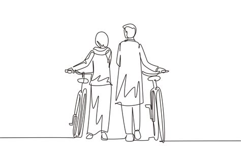 Single Continuous Line Drawing Rear View Couple Arab Man And Woman