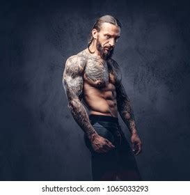 Portrait Muscular Naked Bearded Tattoed Male Stock Photo