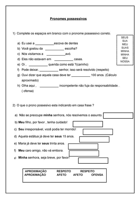 Pronomes Possessivos Atividades Pronomes Possessivos Complete Os