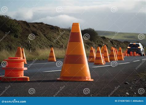 Traffic Cones and Warning Signs on the Side of the Road Stock ...