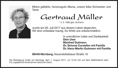 Traueranzeigen von Gertraud Müller trauer nn de