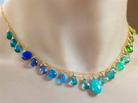 Green And Aqua Blue Gemstone Drop Necklace Statement Semi Precious