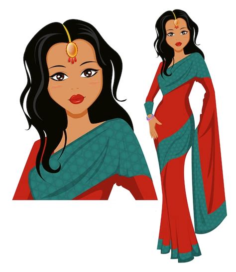 Linda Mujer India Vestida Con Sari Hermosa Vector Premium