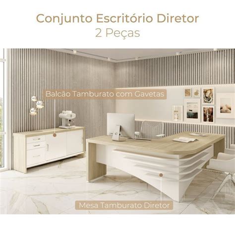 Conjunto Home Office 2 Peças Mesa Diretor em L Tamburato Balcão 2