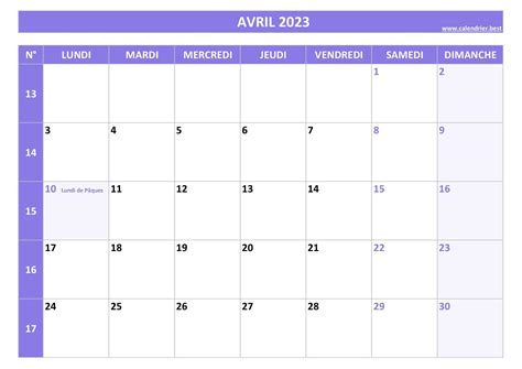 Calendrier Vierge Avril 2023