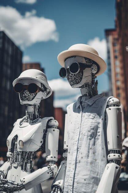 Dos Robots Con Sombreros Y Gafas De Sol Se Paran Frente A Un Paisaje