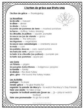 French Thanksgiving Vocabulary Worksheet L Action de Grâce Activity US