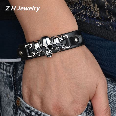 Z H Jewelry Vintage Rock Skull Leather Bracelet Pulseira De Couro Moda