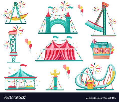 Flat Set Of Amusement Park Icons Funfair Vector Image