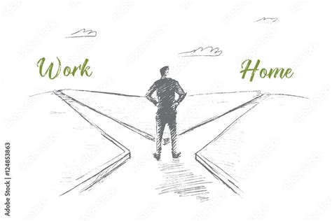 Vector Hand Drawn Work Or Home Choosing Concept Sketch Man Standing At