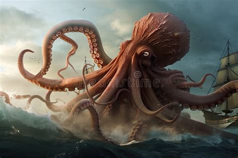 Octopus Kraken Using Tentacles To Battle Giant Squid Stock Photo