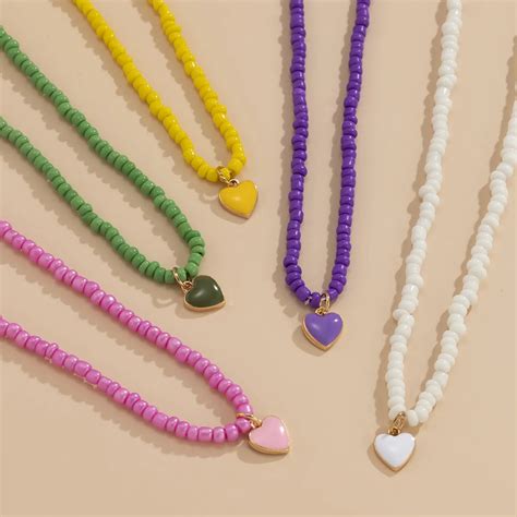 Ins Style Enamel Heart Pendant Colorful Bead Necklace For Women Buy