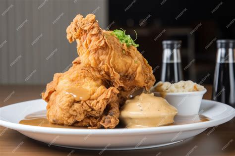 Premium Ai Image Stack Of Golden Fried Chicken With Sides Of Mashed Potatoes And Gravy Created