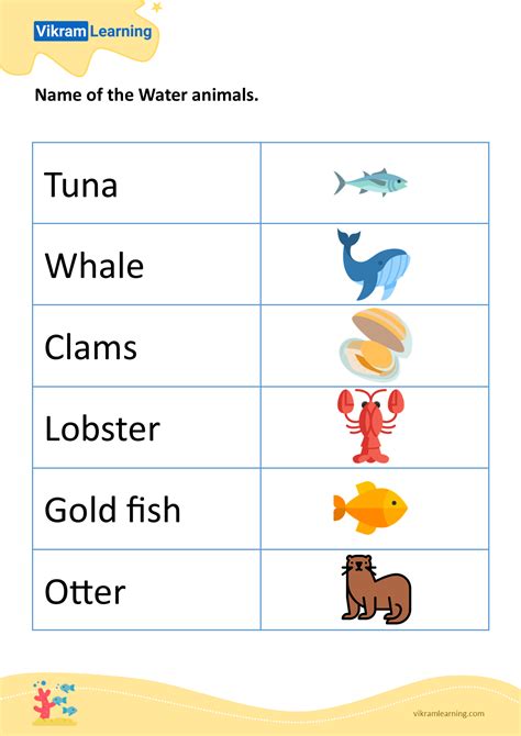 Download name of the water animals - 1 worksheets | vikramlearning.com