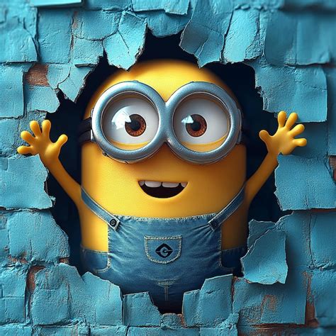 Minion Looks Through A Blue Hole In A Paper Wall And Waves Hello