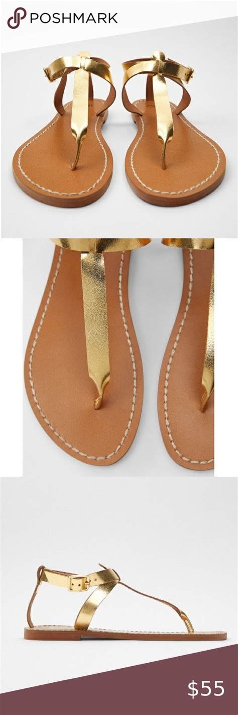 New Zara Flat Laminated Gold Sandals In 2021 Leather Heels Sandals Zara Flats Lace Up