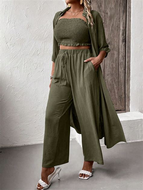 SHEIN Mulvari Plus Solid Tube Top Wide Leg Pants Coat SHEIN USA