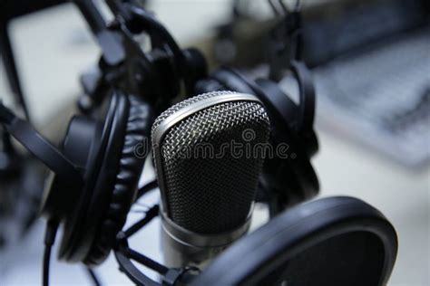 Professional Microphone With Headphone Hanging Stock Image Image Of