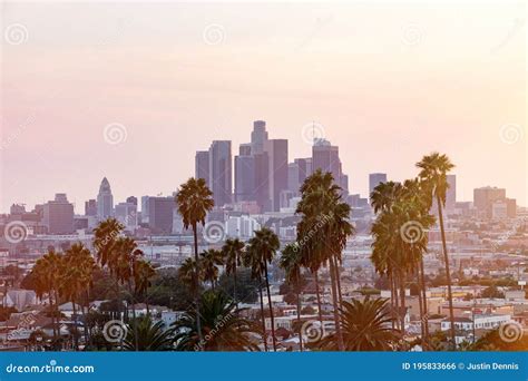 Los Angeles Skyline at Sunset Stock Photo - Image of panotrama, america ...