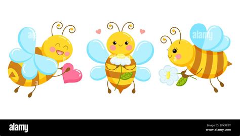 Set Of Illustrations Of Cute Cartoon Bees In Love With Daisies Stock