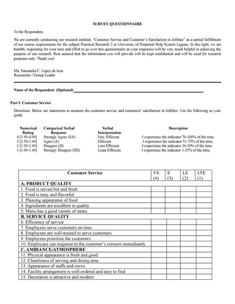 Survey Questionnairre SURVEY QUESTIONNAIRE To The Respondent We Are