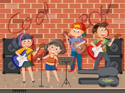 Banda de música para niños tocando instrumentos musicales Vector Premium