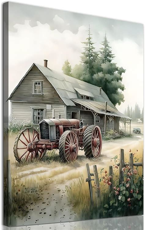 Amazon Farmhouse Canvas Wall Art Old Tractor Pictures Rustic Barn