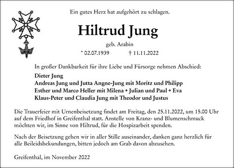 Traueranzeigen Von Hiltrud Jung Vrm Trauer De