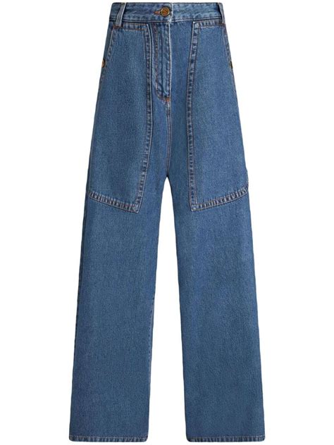 Etro Pegaso Embroidery Wide Leg Jeans Blue Editorialist