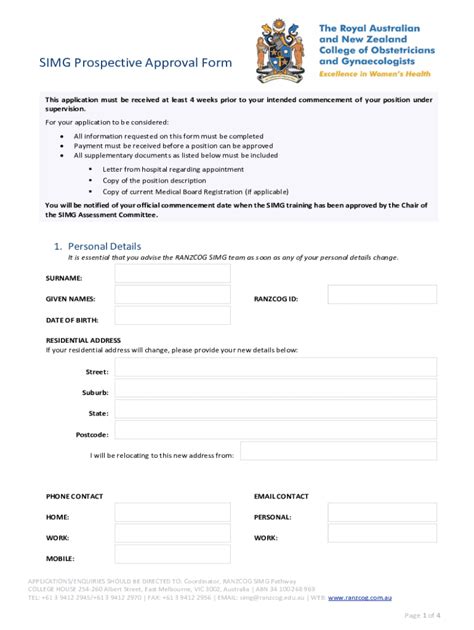 Fillable Online Ranzcog Edu Simg Prospective Approval Form Ranzcog